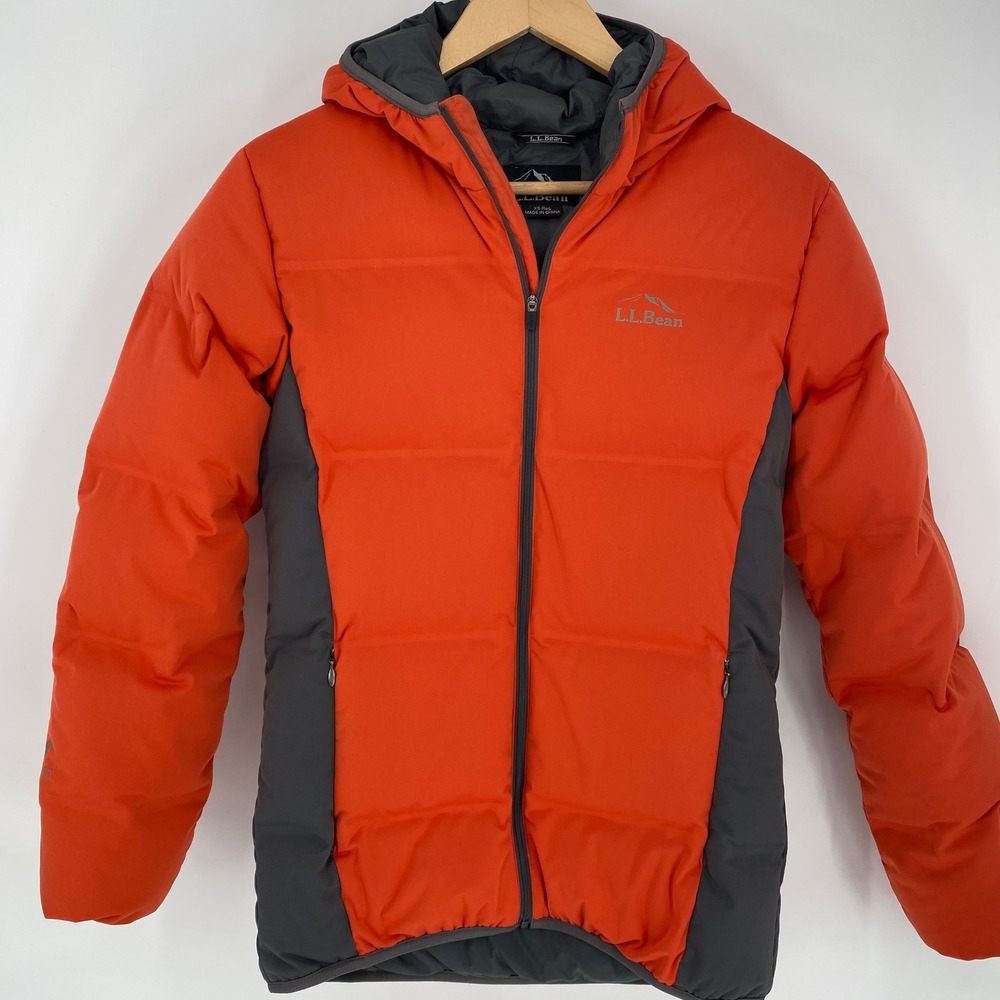 LL Bean Puffer Jacket Down Hooded Orange Gray Outdoor Adventure Womens XS